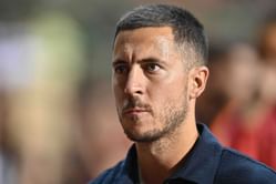 Chelsea icon Eden Hazard reacts as he's inducted into the Premier League Hall of Fame