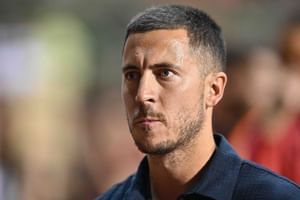 Chelsea icon Eden Hazard reacts as he's inducted into the Premier League Hall of Fame