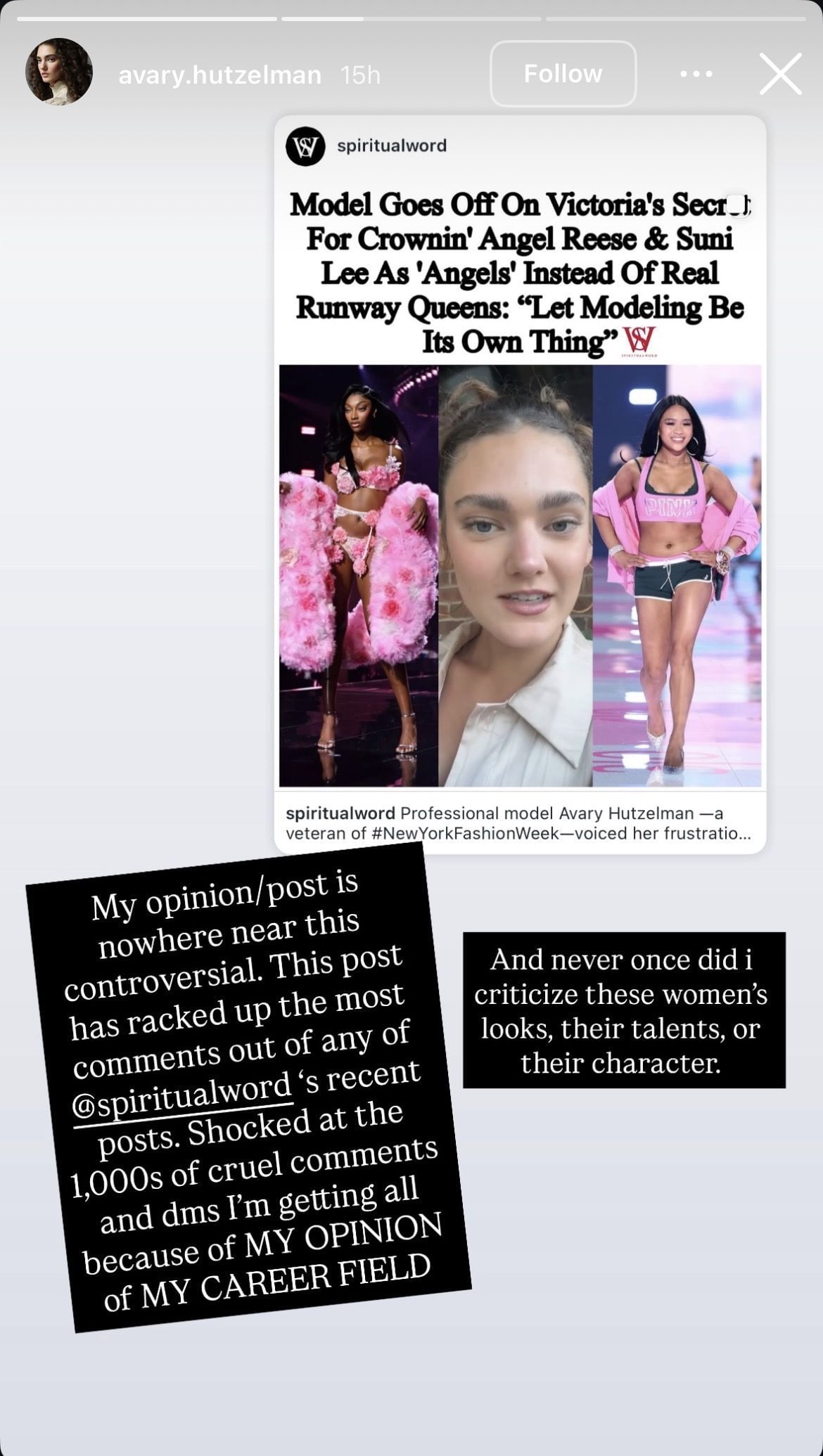 Avary Hutzelman&rsquo;s comment about her criticism of the use of Angel Reese and Suni Lee as models for Victoria&rsquo;s Secret (Photo: Instagram @avary.hutzelman)