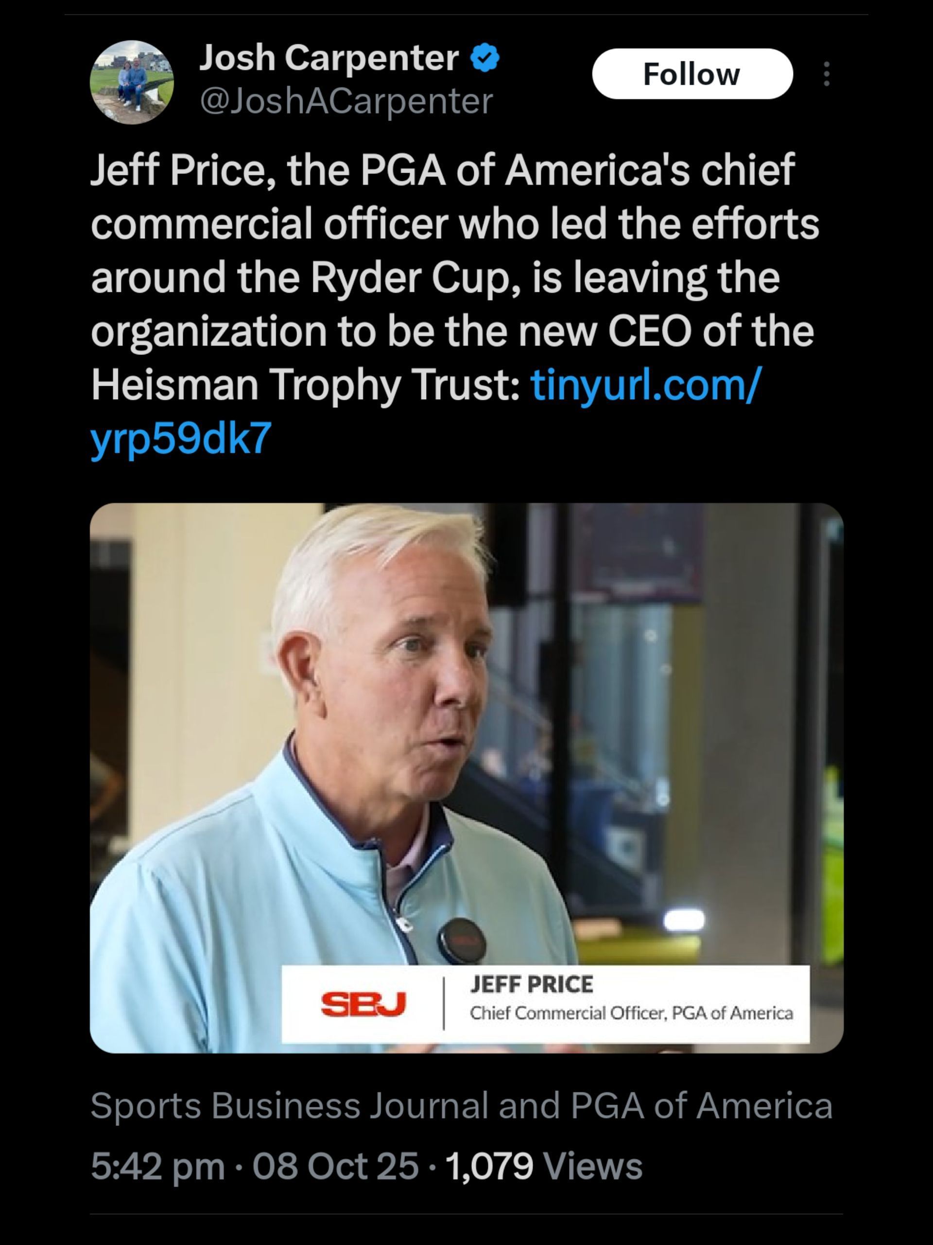 Screenshot from Carpenter&#039;s X post on Jeff Price&#039;s new role / Source: @JoshACarpenter on X
