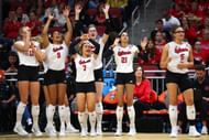 The Nebraska Huskers during the Division I Women's Volleyball Semifinals in Louisville, Kentucky. (Photo via Getty Images)