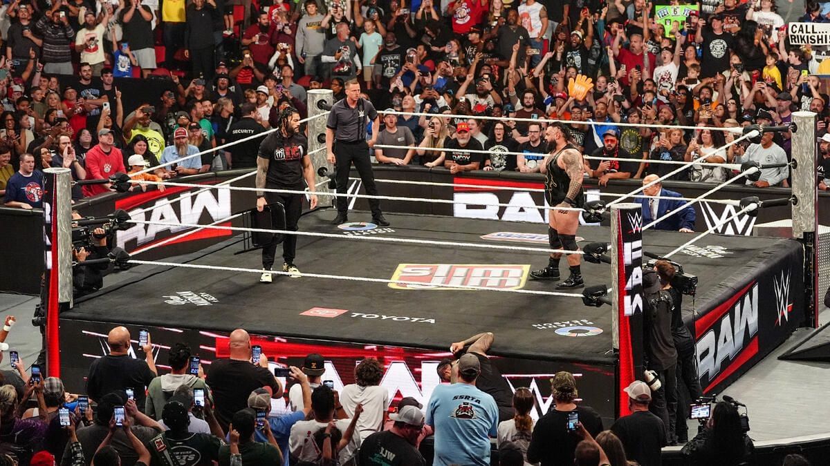 WWE superstar, Roman Reigns in a face-off with Bronson Reed on RAW. [Photo credit: WWE.com]