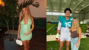 Jaelan Phillips’ fiancé Samatha cradles baby bump as she dons customized Dolphins jacket & mini skirt for Miami vs. Atlanta game [PHOTOS]