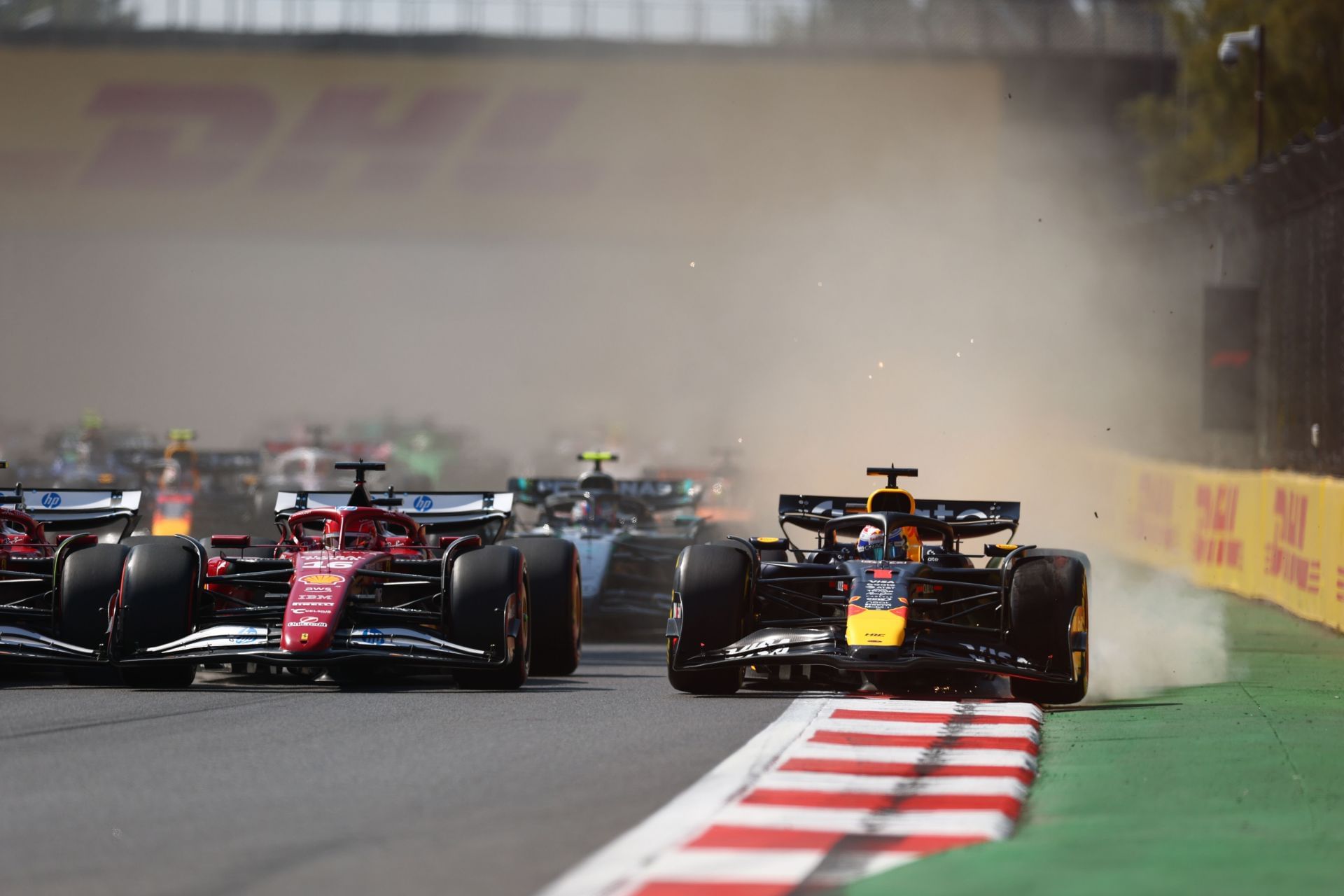 Red Bull&#039;s Max Verstappen on the opening lap of the 2025 F1 Grand Prix of Mexico - Source: Getty