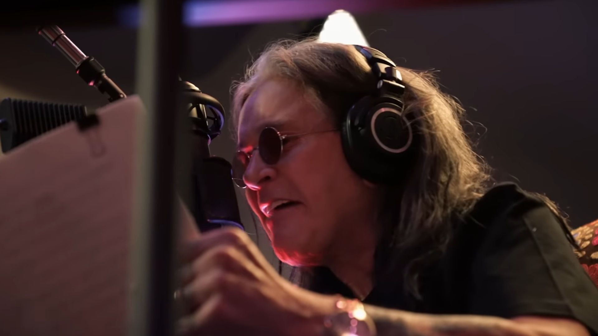 Ozzy Osbourne recording vocals for his final studio sessions featured in Ozzy Osbourne: No Escape From Now. (Image via Paramount)