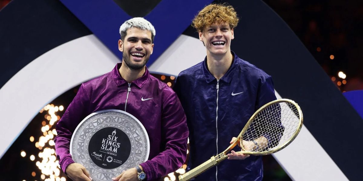 Carlos Alcaraz (left) and Jannik Sinner (right) during the trophy presentation ceremony at the 2025 Six Kings Slam in Riyadh, Saudi Arabia (Source: Getty)