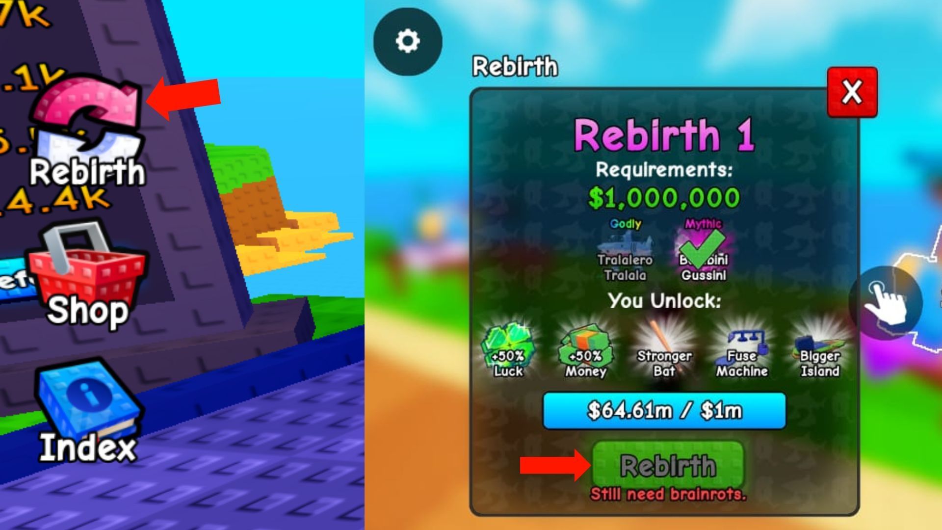 Press the Rebirth button on the left side (Image via Roblox)