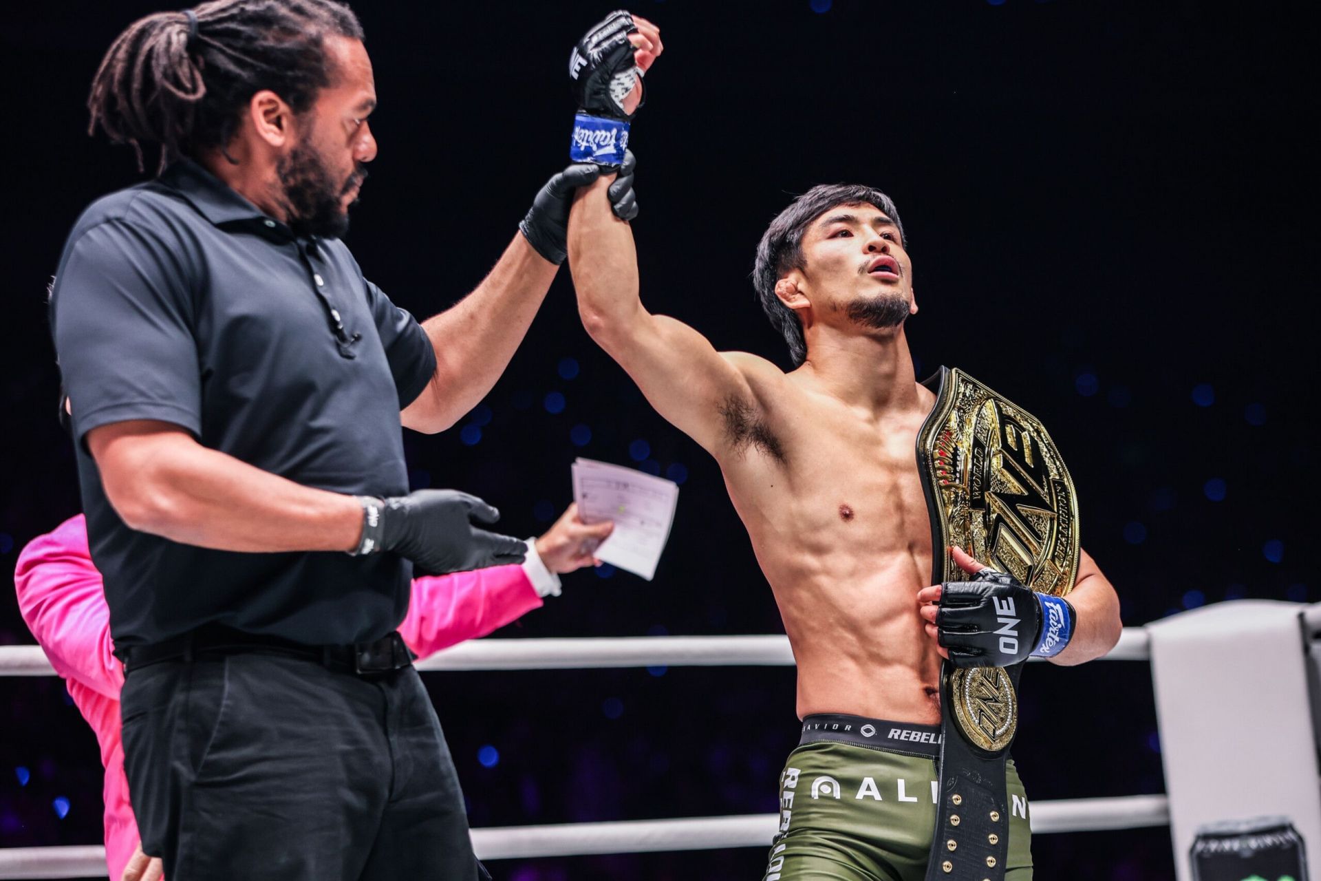 Yuya Wakamatsu (right) gets his hand raised after his rematch against Adriano Moraes at ONE 172. [Image: ONE Championship]