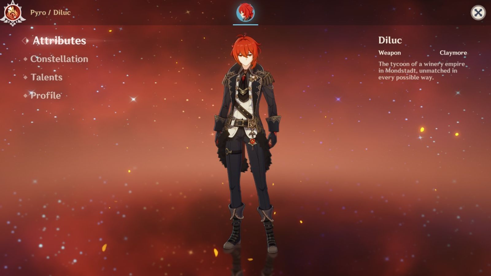 Screenshot of Diluc from Genshin Impact (Image via HoYoverse)