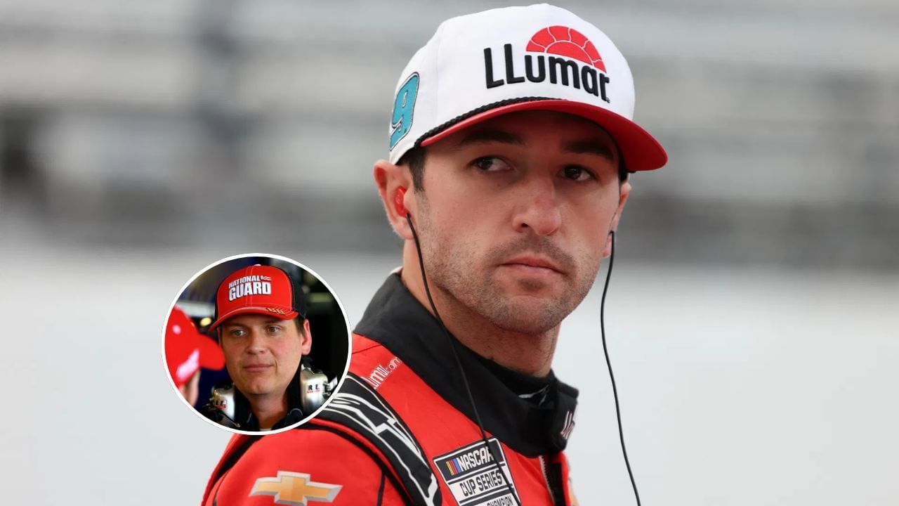 (Background) Oct 25, 2025; Martinsville, Virginia, USA; NASCAR Cup Series driver Chase Elliott (9) before NASCAR Cup Series Xfinity 500 Qualifying at Martinsville Speedway. Mandatory Credit: Greg Atkins-Imagn Images and (Inset) Feb 28, 2014; Avondale, AZ, USA; Steve Letarte , crew chief for NASCAR Sprint Cup Series driver Dale Earnhardt Jr (not pictured) during practice for the The Profit on CNBC 500 at Phoenix International Raceway. Mandatory Credit: Mark J. Rebilas-Imagn Images