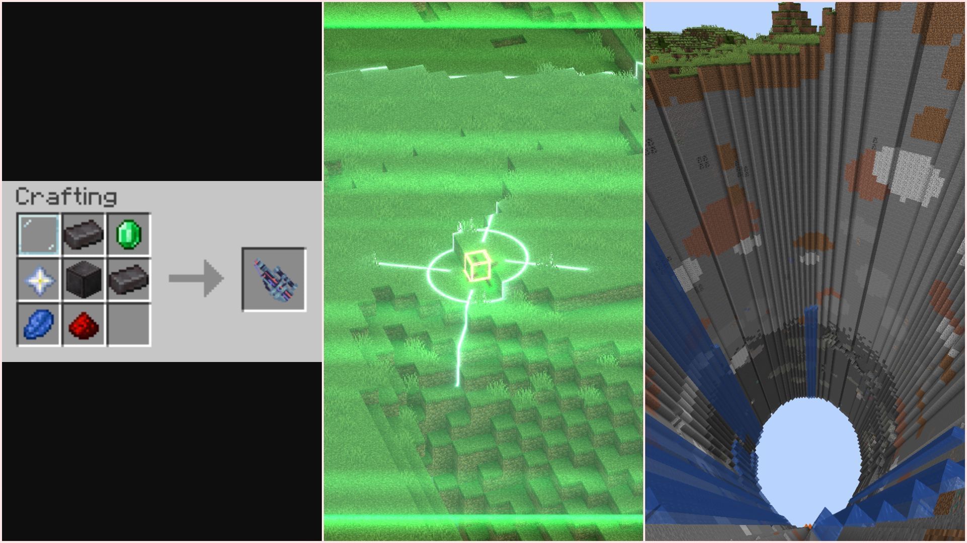 Crafting, aiming, and the end result of the orbital railgun (Image via Modrinth/Mishkis)