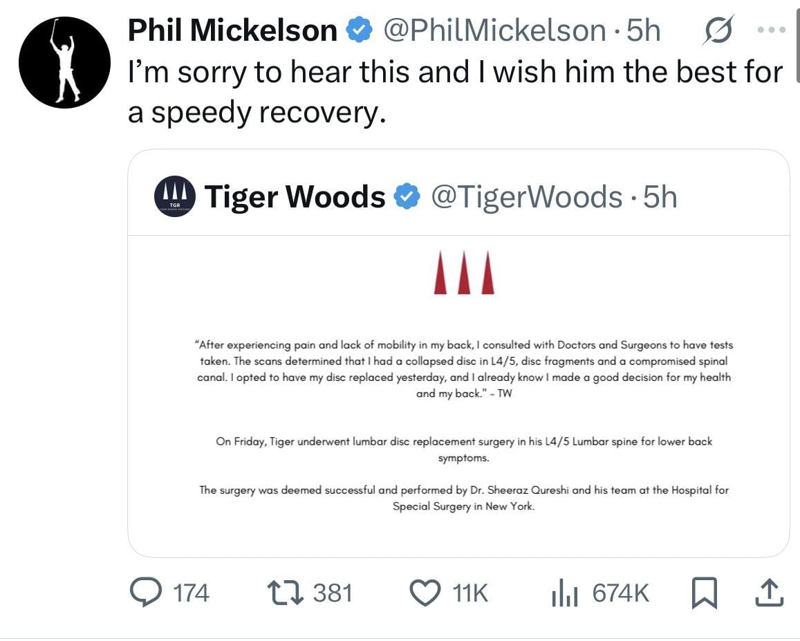 Phil Mickelson reacts to Tiger Woods&rsquo; Injury update _ Source: X/@PhilMickelson