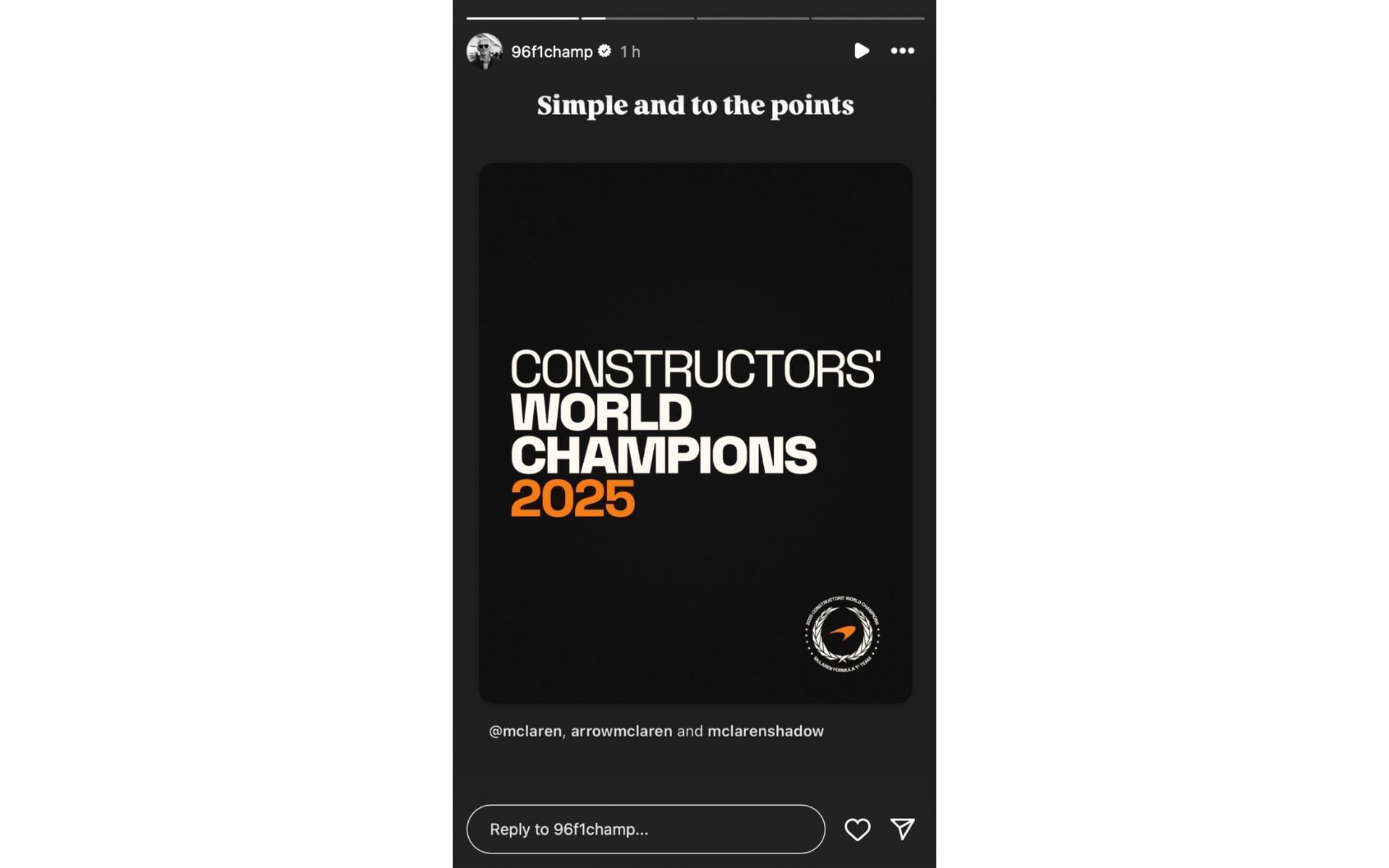 Damon Hill&#039;s reaction to McLaren becoming the 2025 constructors&#039; champions on his Instagram story | Source: Instagram/@96f1champ