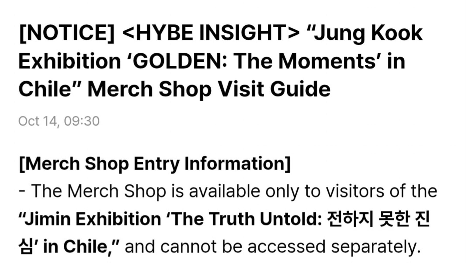 &quot;Jimin&#039;s &#039;The Truth Untold&#039; Exhibition in Chile&quot; mislabelled as &quot;Jung Kook Exhibition &#039;GOLDEN: The Moments&#039; in Chile&quot; (Image via Weverse)