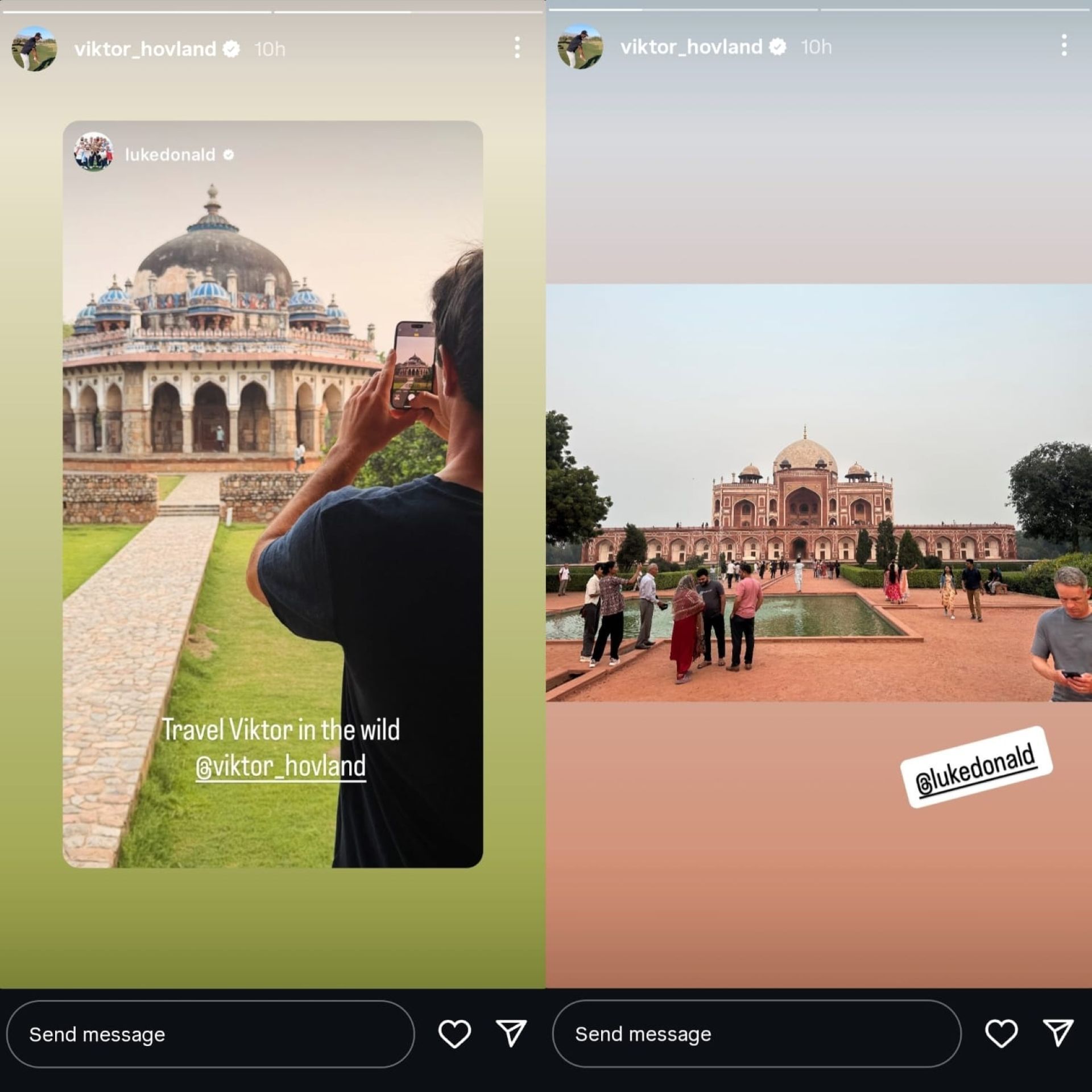 Screenshots of Viktor Hovland&#039;s Instagram story (via @viktor_hovland)