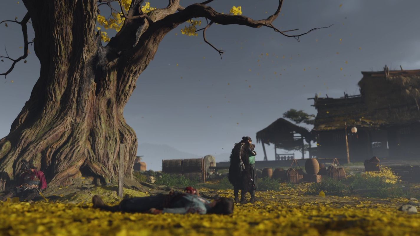 Atsu embracing Kiku as a lifeless Jubei and Lord Saito lay (Image via Sucker Punch || Sportskeeda)