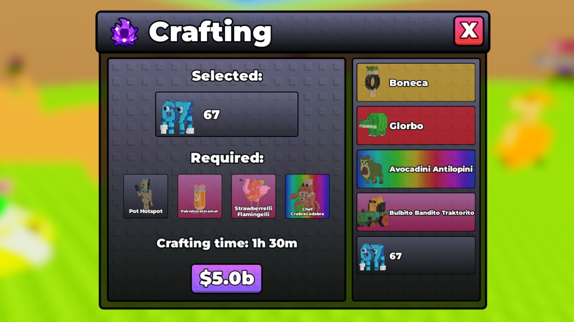 Crafting recipe for 67 (Image via Roblox)