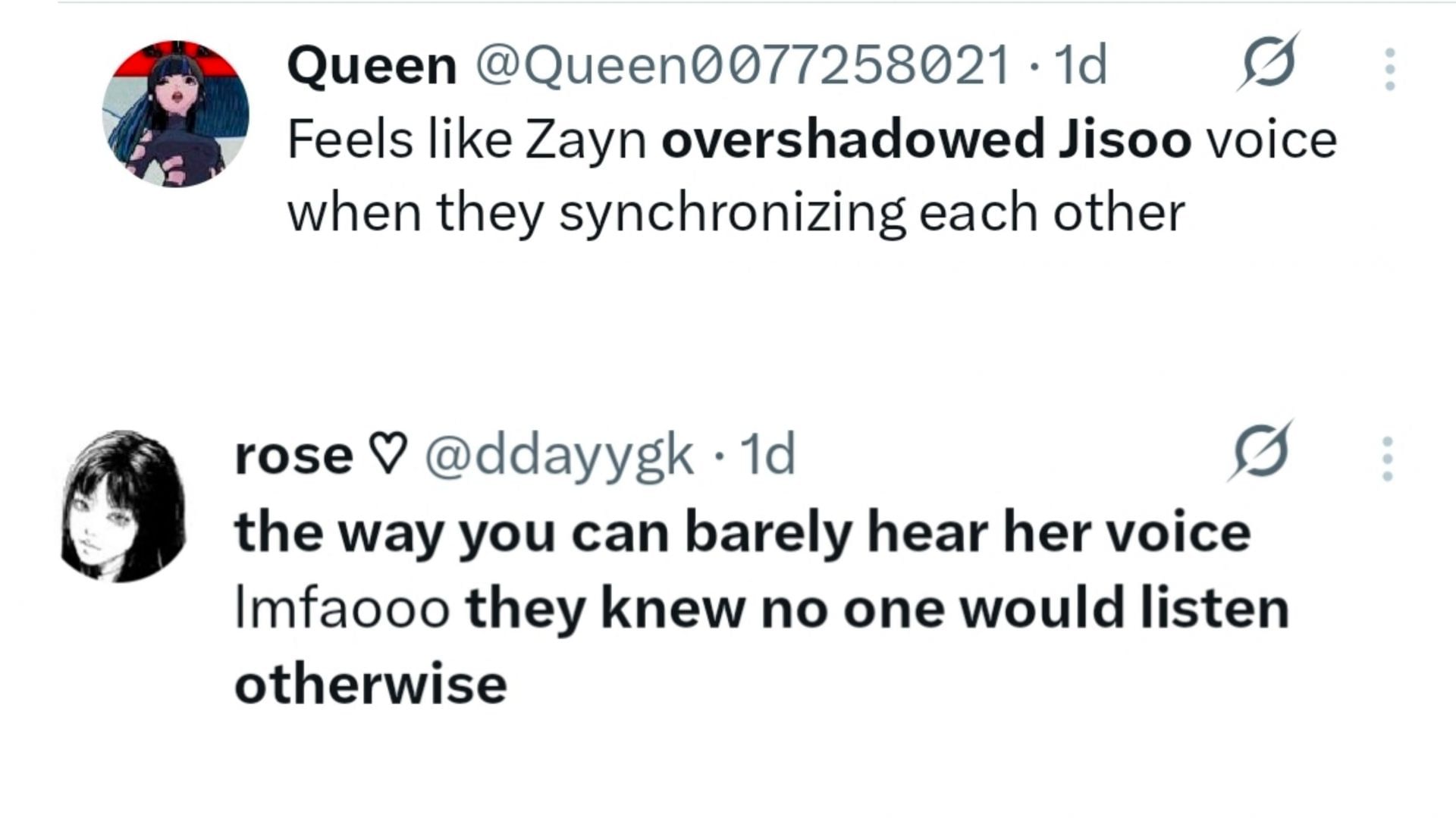 Netizens call out Jisoo&rsquo;s vocals being overshadowed by Zayn&rsquo;s (Images via X/@ddayygk &amp; @Queen0077258021)