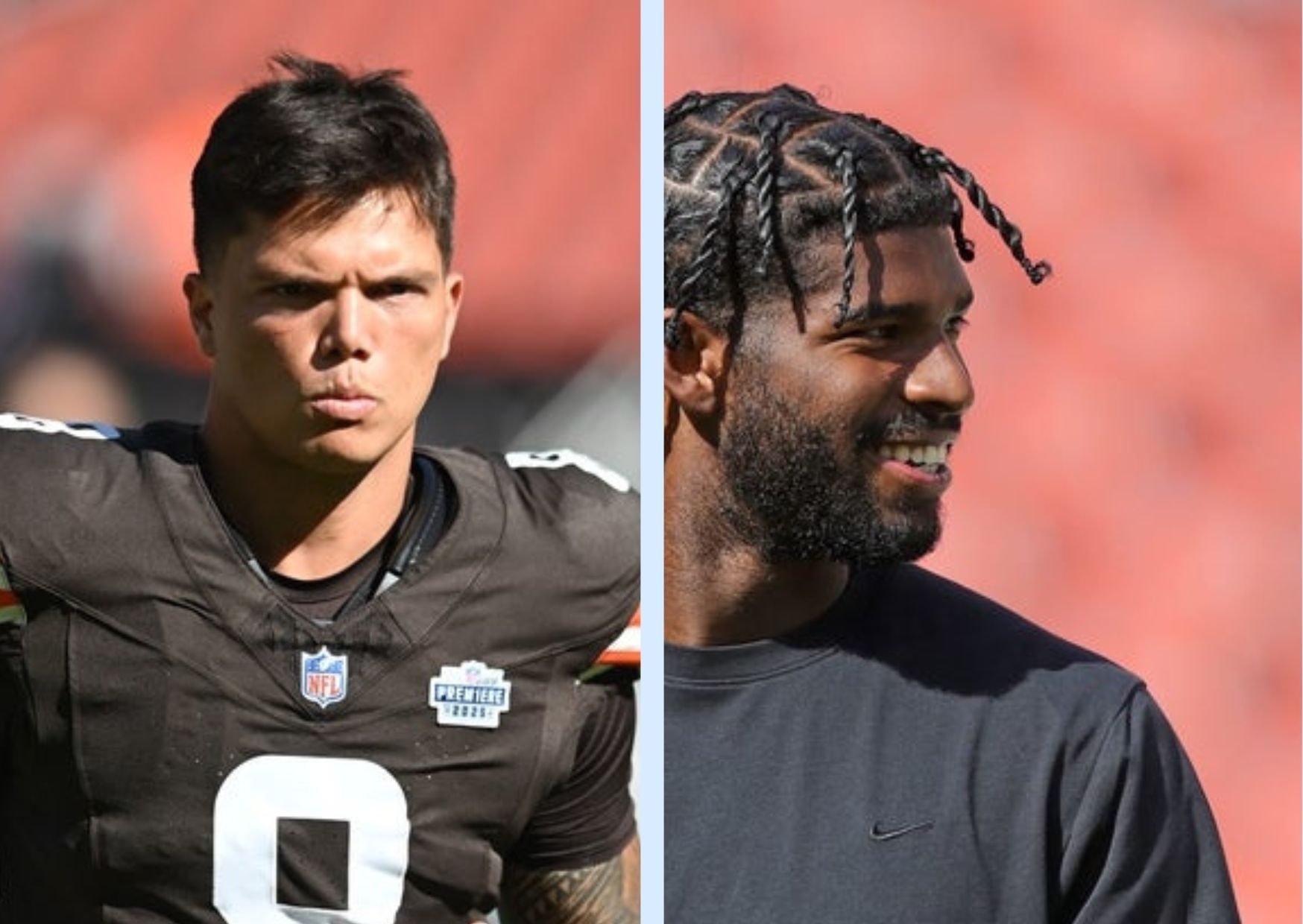 Cleveland Browns quarterbacks Dillon Gabriel and Shedeur Sanders
