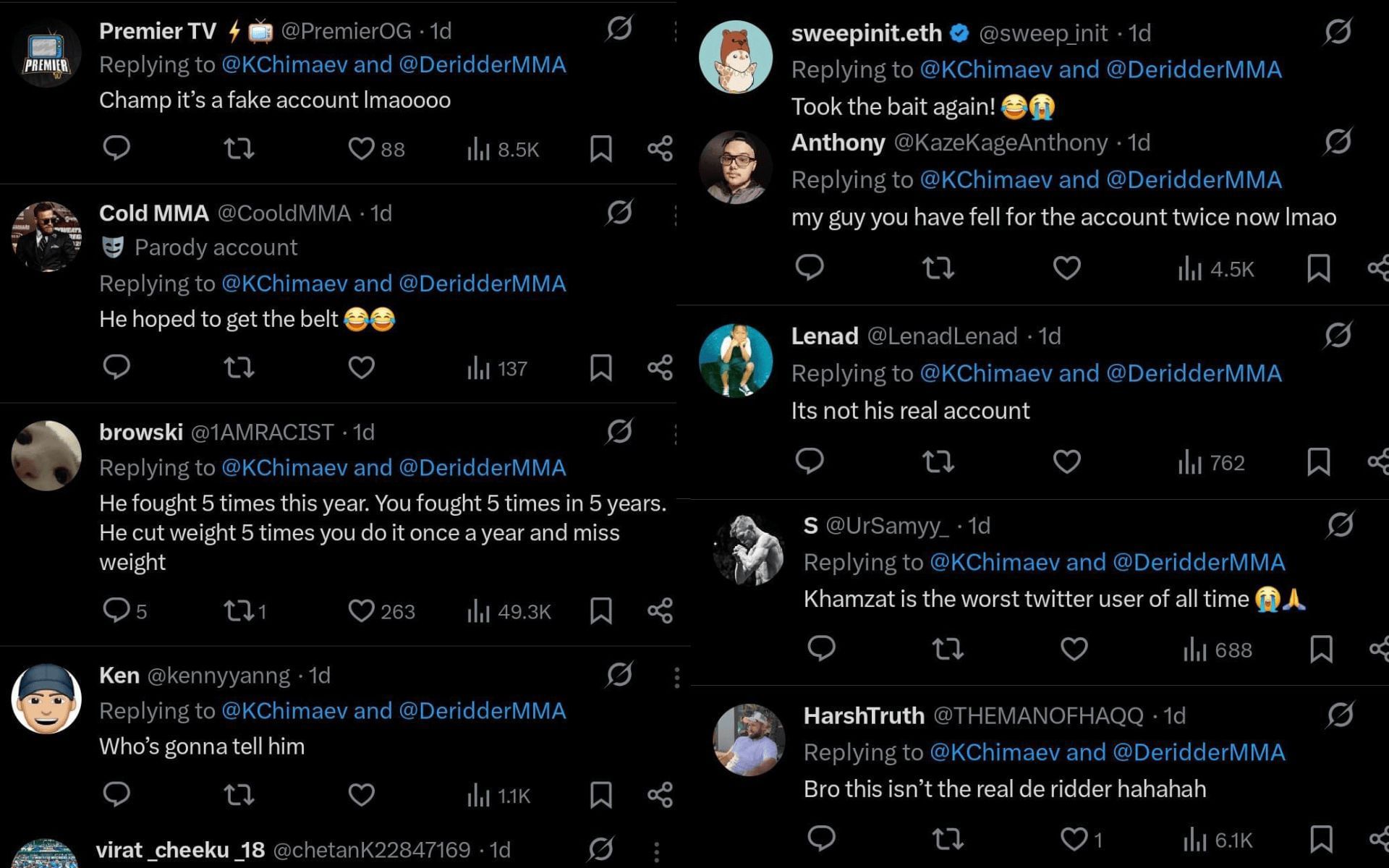 Fans&#039; reaction to Khamzat Chimaev responding to an alleged fake Reinier de Ridder account. [Screenshots courtesy: @KChimaev on X]