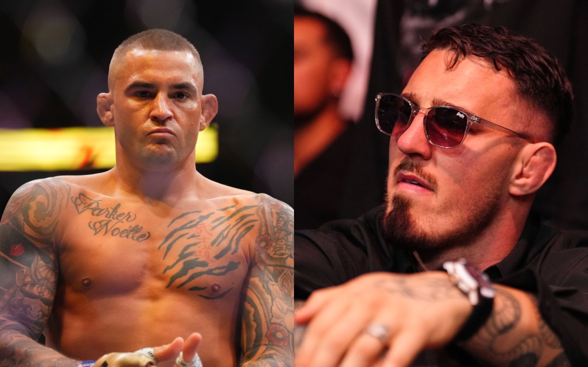 Dustin Poirier (left) talks Tom Aspinall