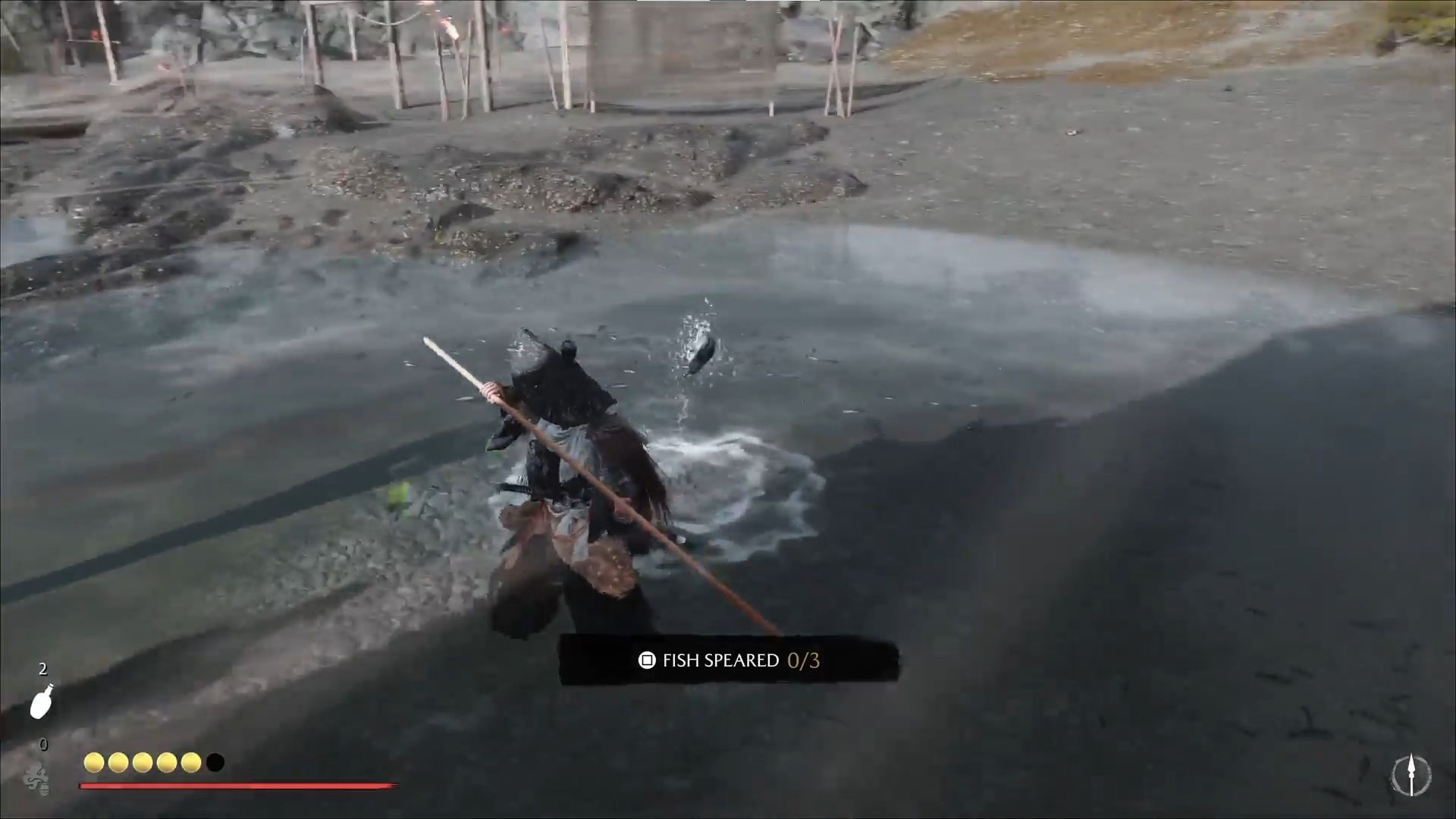 The fish-catching training in The Way of the Yari quest (Image via Sportskeeda Gaming || Sucker Punch)