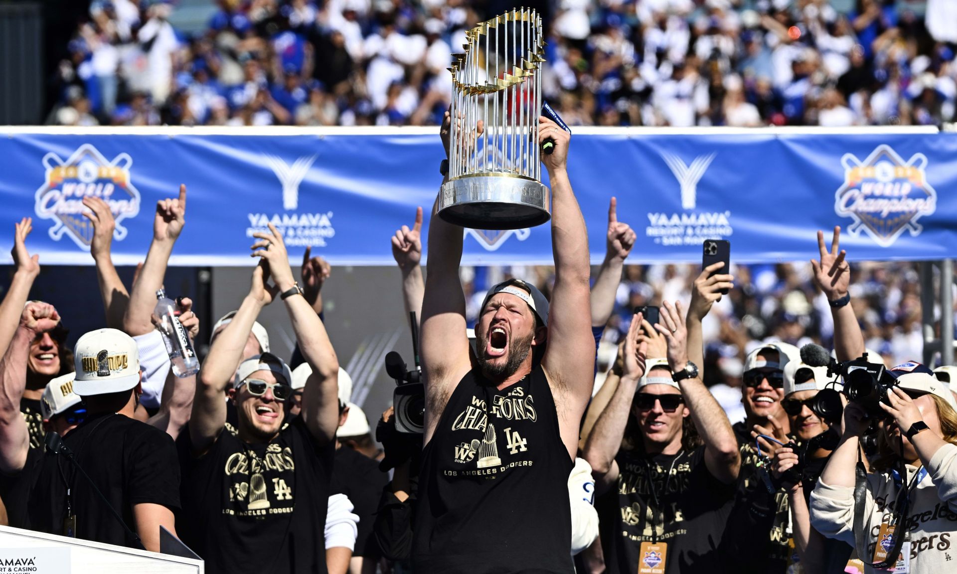 Clayton Kershaw celebrated with his teammates duing at Dodger Stadium after winning the 2024 World Series - Source: Getty