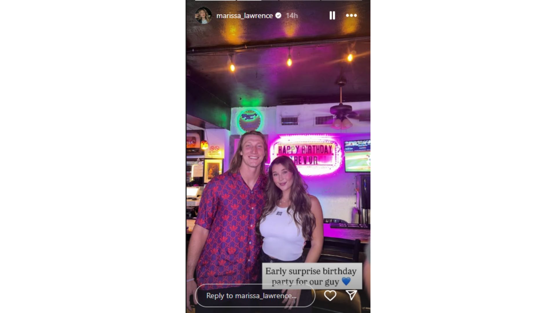 Marissa Lawrence surprised the quarterback with an early birthday party. (Photo via Marissa Lawrence&#039;s Instagram Story)