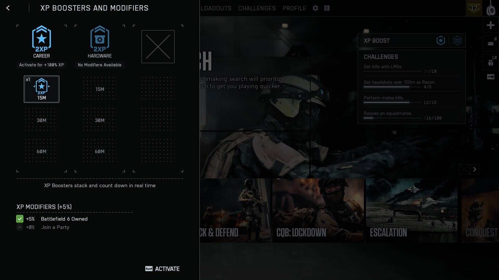 Track XP Booster challenges to level up your account and unlock weapons (Image via Sportskeeda Gaming || EA)