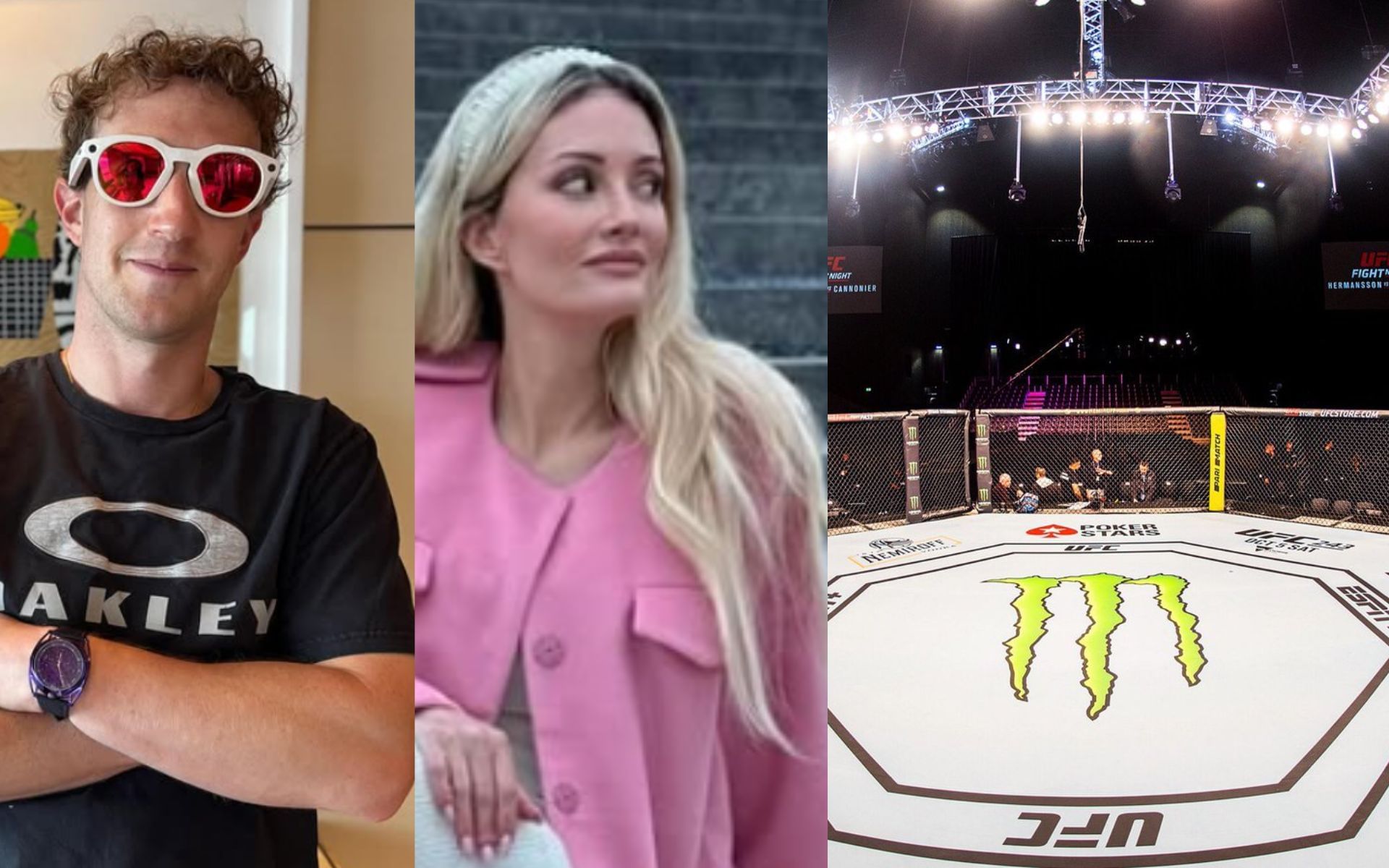 Mark Zuckerberg (left) and Holly Madison (center) were among the high-profile attendees at UFC 320. [Images courtesy: @zuck and @hollymadison on Instagram, @ufc on X]