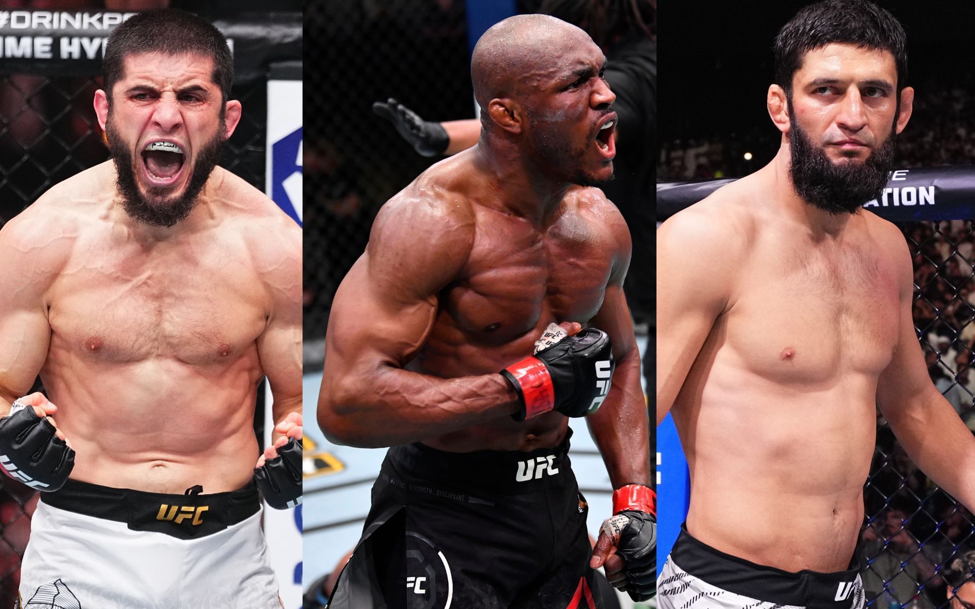 Kamaru Usman (center) wants to face Islam Makhachev (left) and Khamzat Chimaev (right). [Images courtesy: Getty]