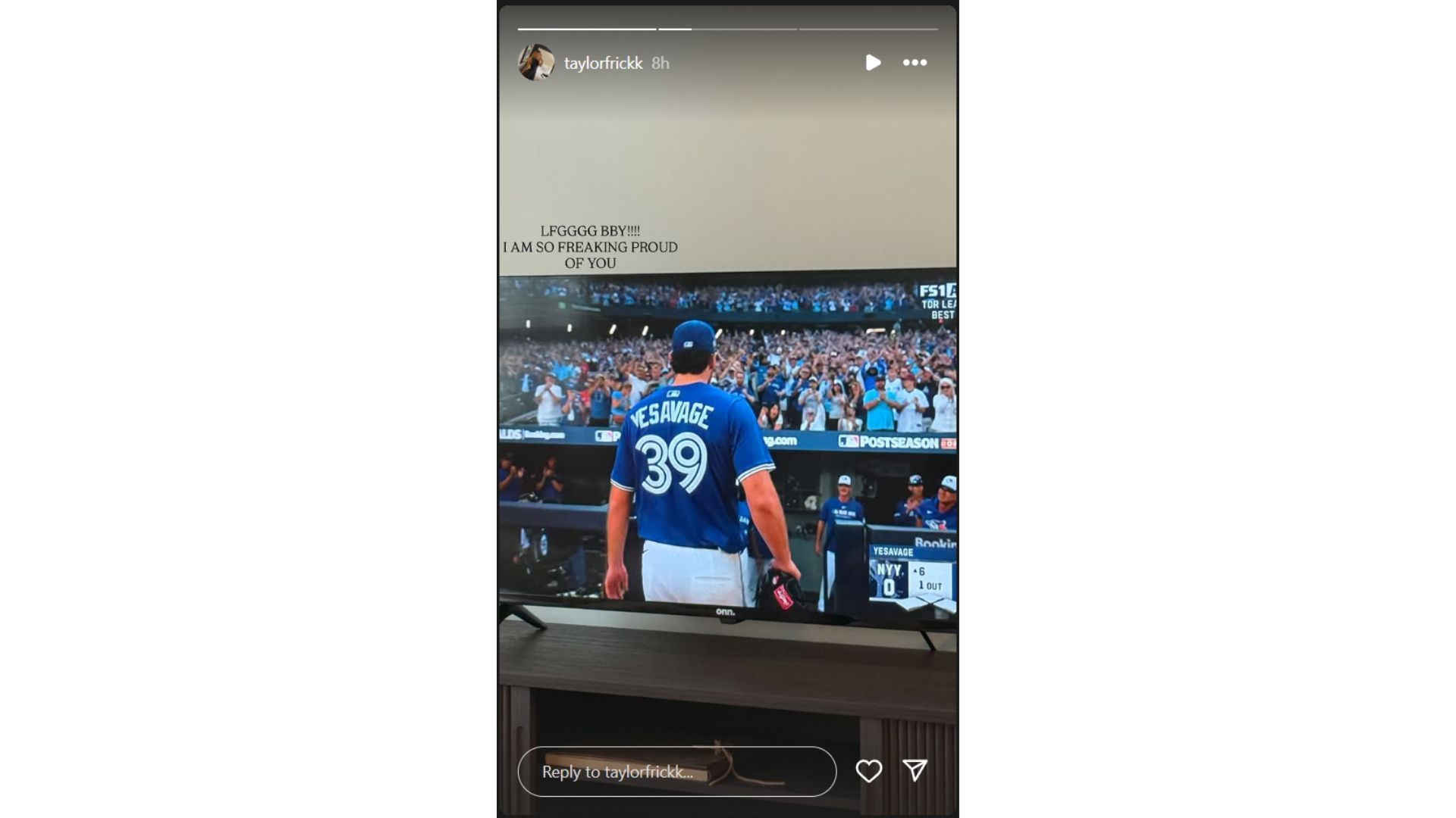 Taylor Frick&#039;s Instagram story featuring Trey Yesavage getting an ovation from the Blue Jays fans (Source: Instagram @taylorfrickk)
