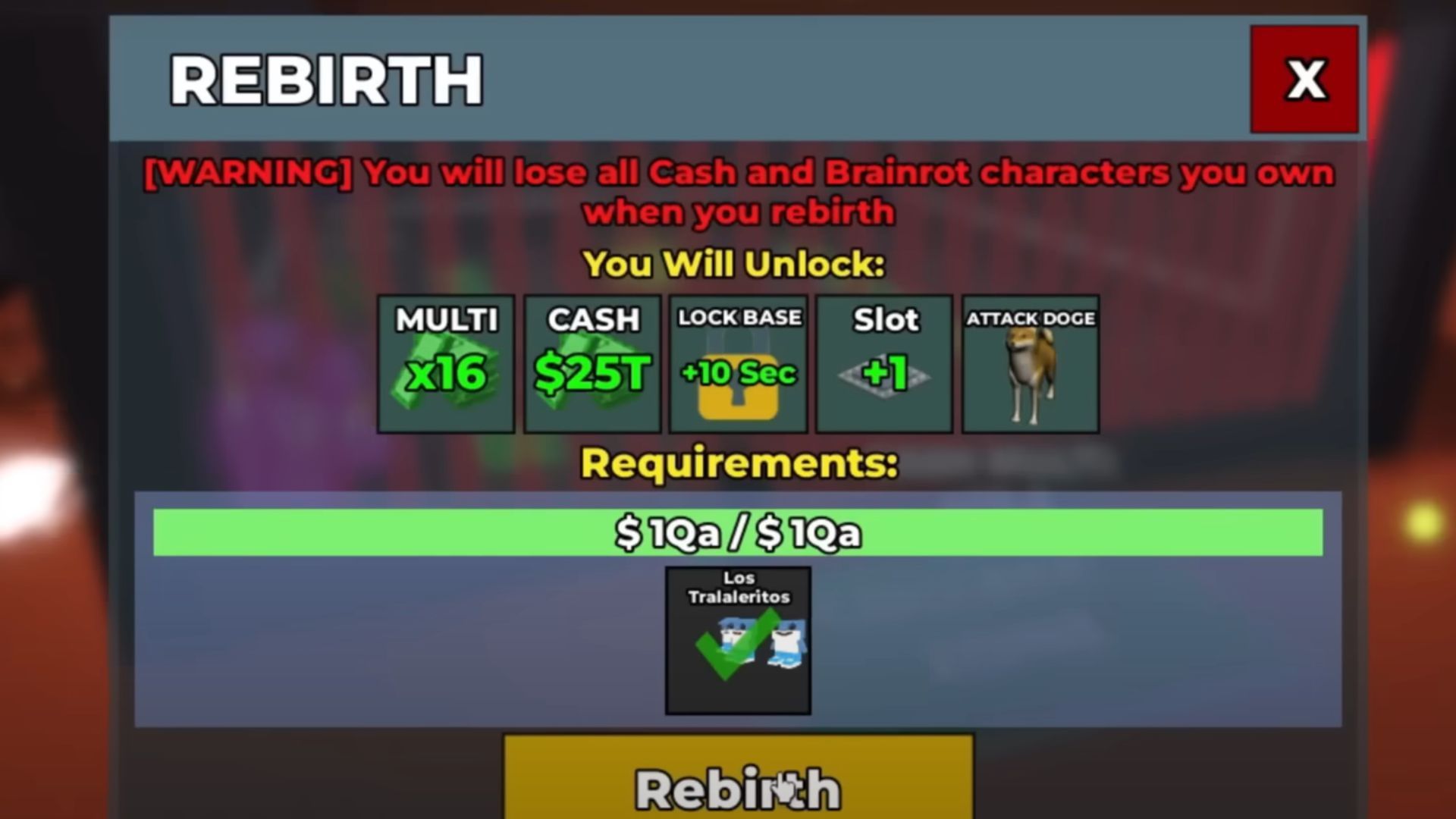 Requirements for Rebirth 16 (Image via Roblox)