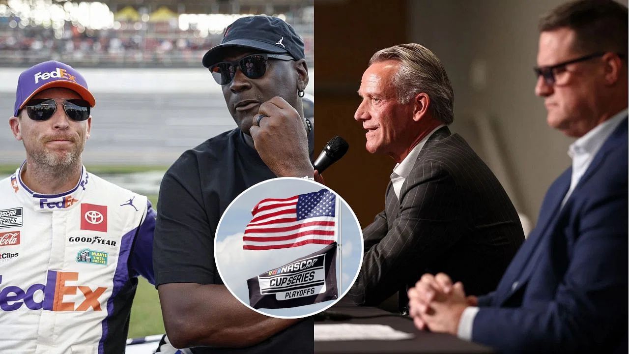 (L) 23XI Racing Co-owners Denny Hamlin and Michael Jordan; (R) NASCAR Commissioner Steve Phelps and President Steve O