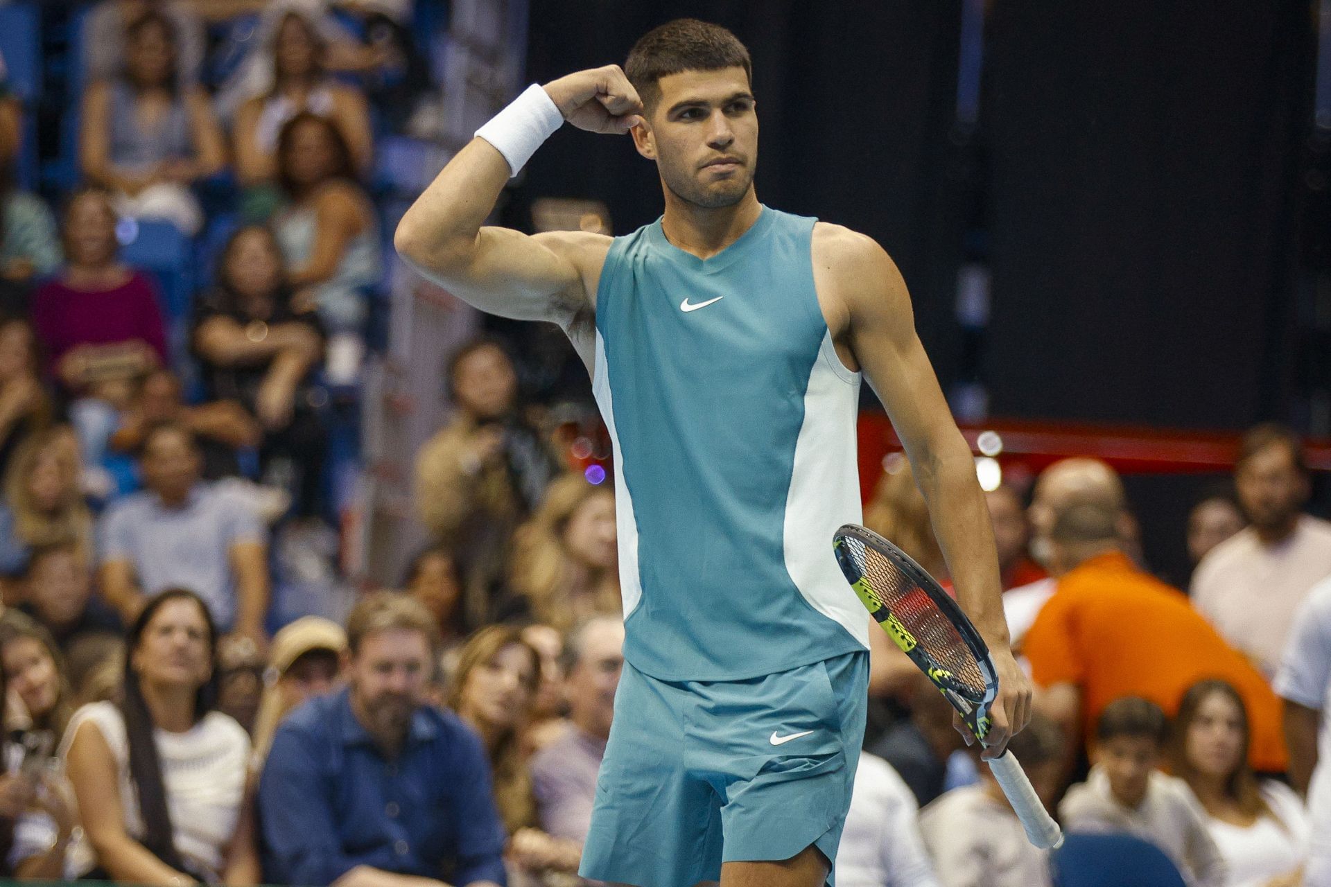 Carlos Alcaraz playing an exhibition in San Juan, Puerto Rico, in March 2025 - Source: Getty