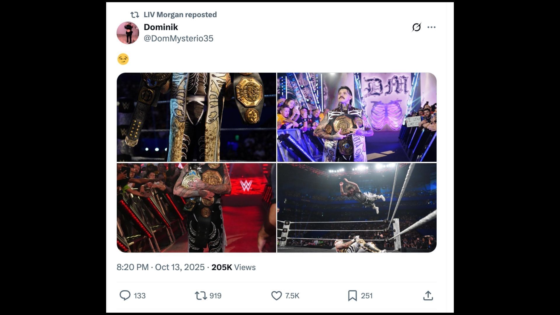 The former champion reposted Mysterio today on X. [Image credit: Liv Morgan on X]