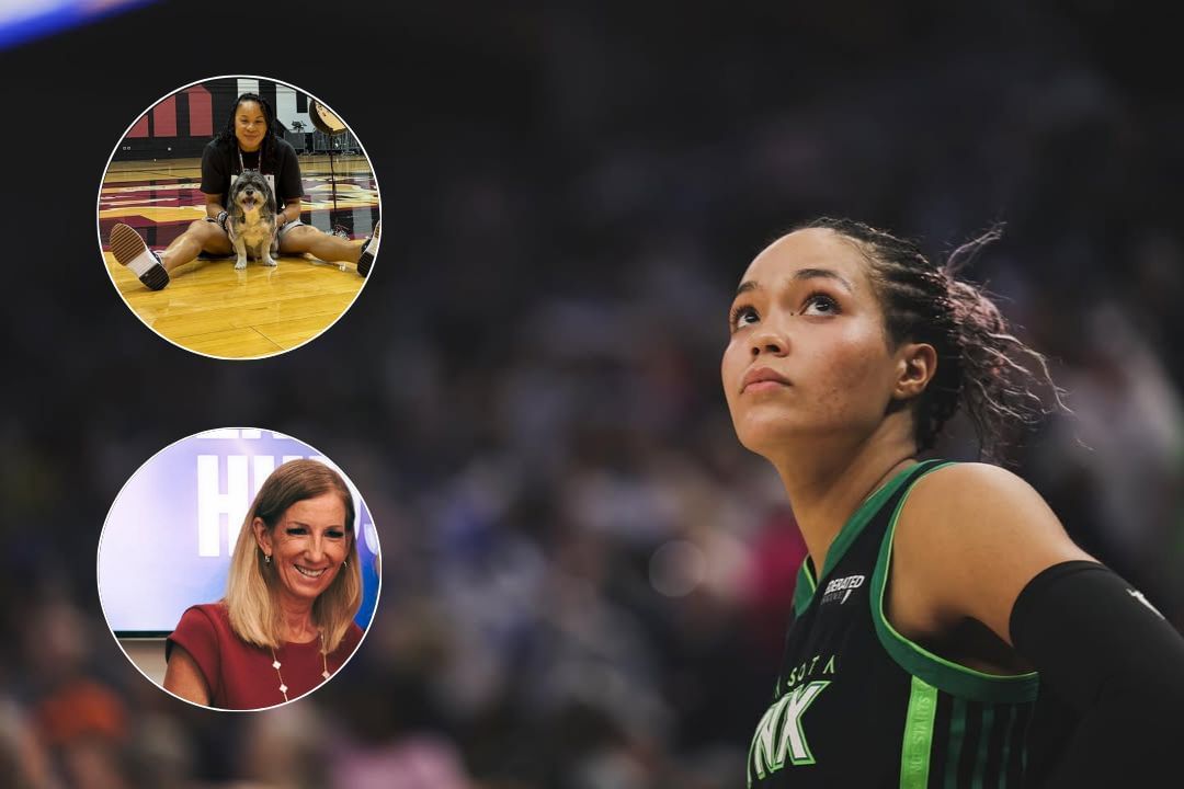 Napheesa Collier looks on during a game for the Minnesota Lynx, Dawn Staley posing with her dog on it