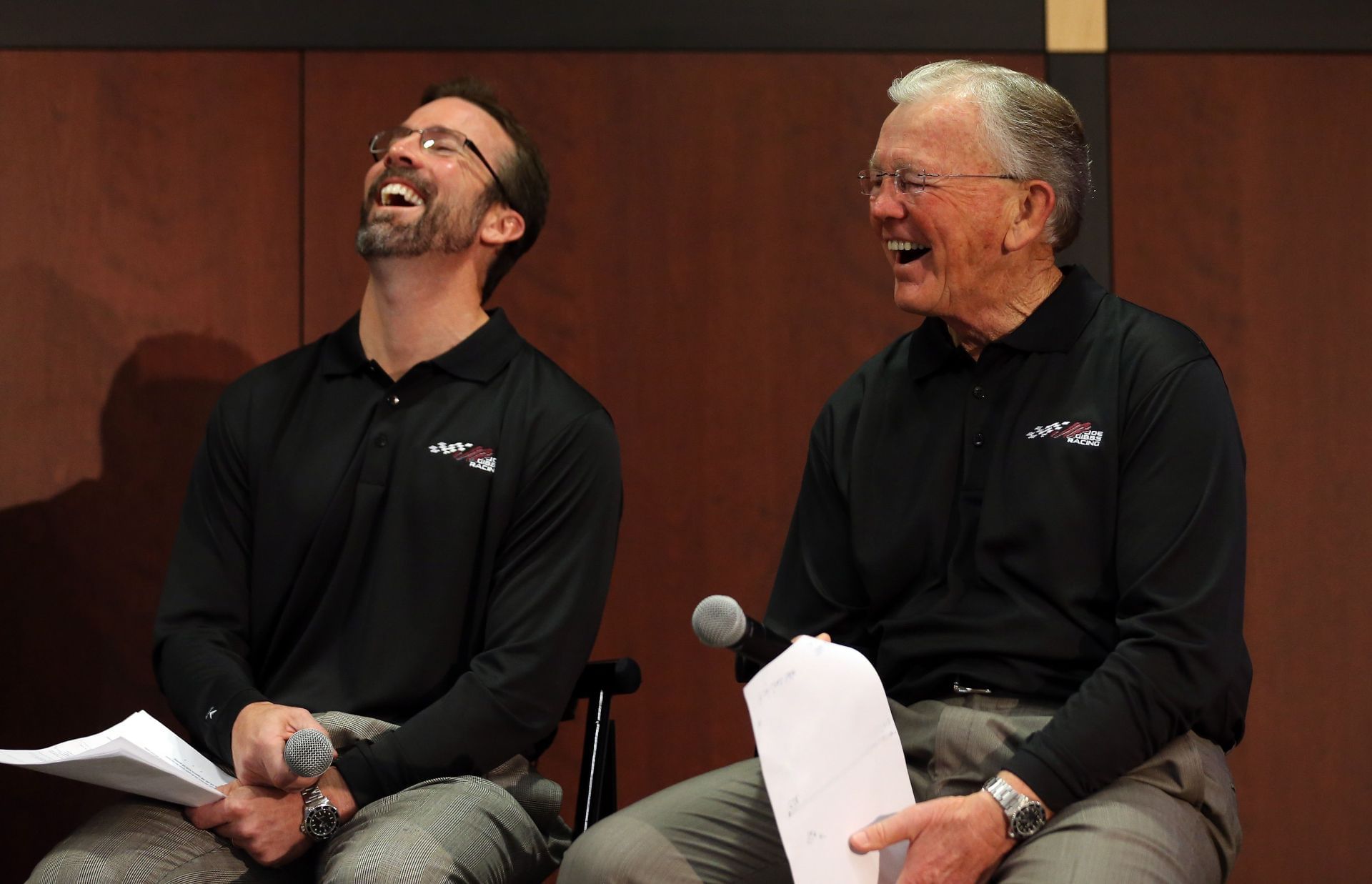 (L) J.D. Gibbs, JGR President, and his father and owner, Joe Gibbs, at the 2013 NASCAR Sprint Media Tour. Source: Getty