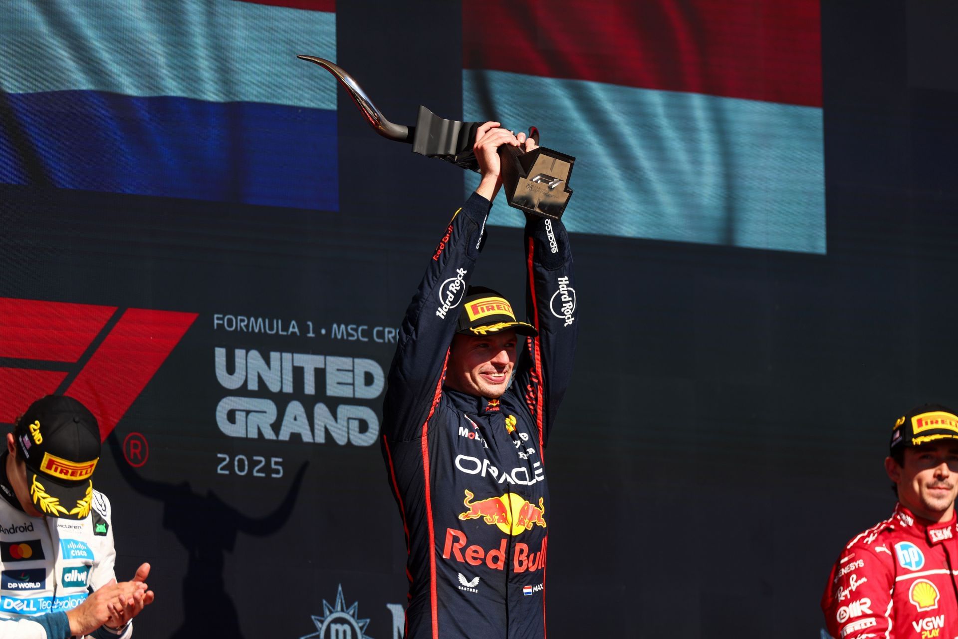 Max Verstappen celebrates on the podium after winning the 2025 F1 United States Grand Prix - Source: Getty