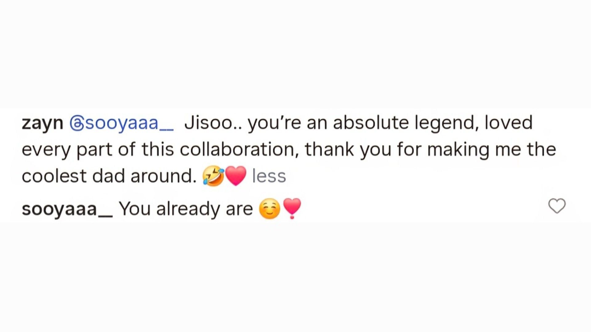 The caption written by Zayn and Jisoo&#039;s comment (Image via Instagram/@zayn)