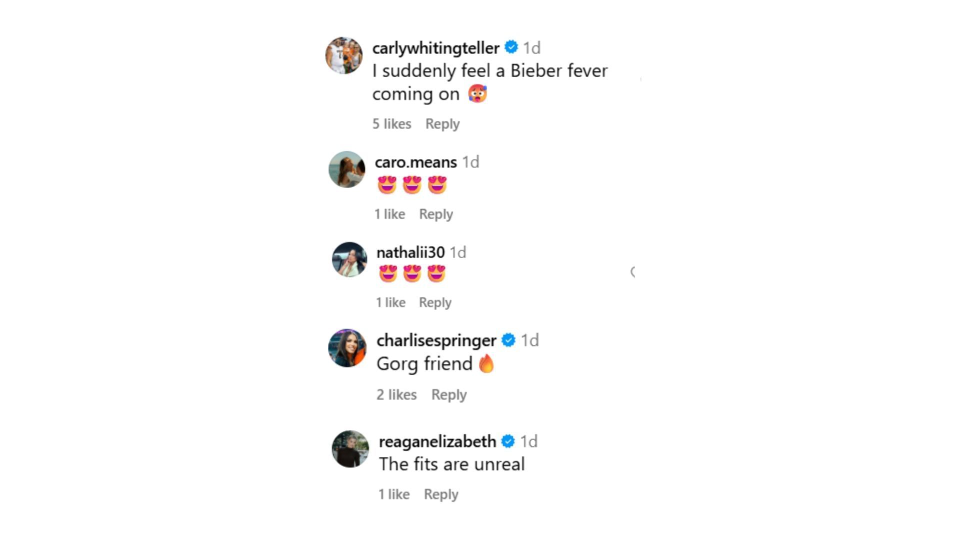 Instagram comments on Kara Bieber&#039;s post (Source: Instagram @karamaxinebieber)