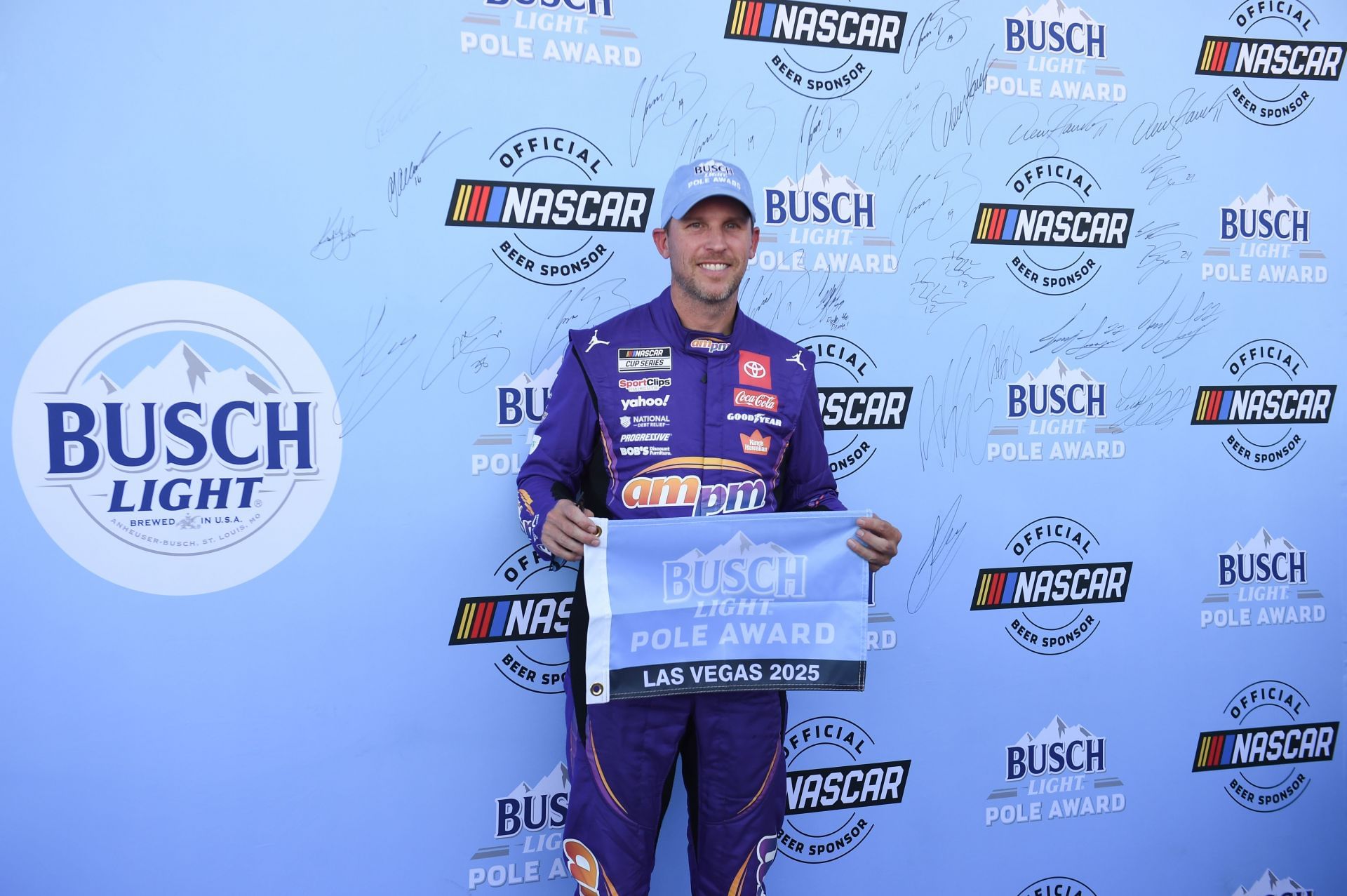 Denny Hamlin wins the pole in the South Point 400 at Las Vegas. Source: Getty