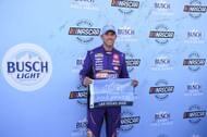 Denny Hamlin wins the pole in the South Point 400 at Las Vegas. Source: Getty