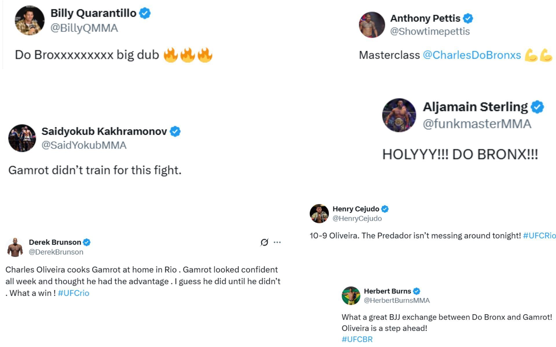 Screenshots of MMA personalities reacting to Charles Oliveira&#039;s victory.