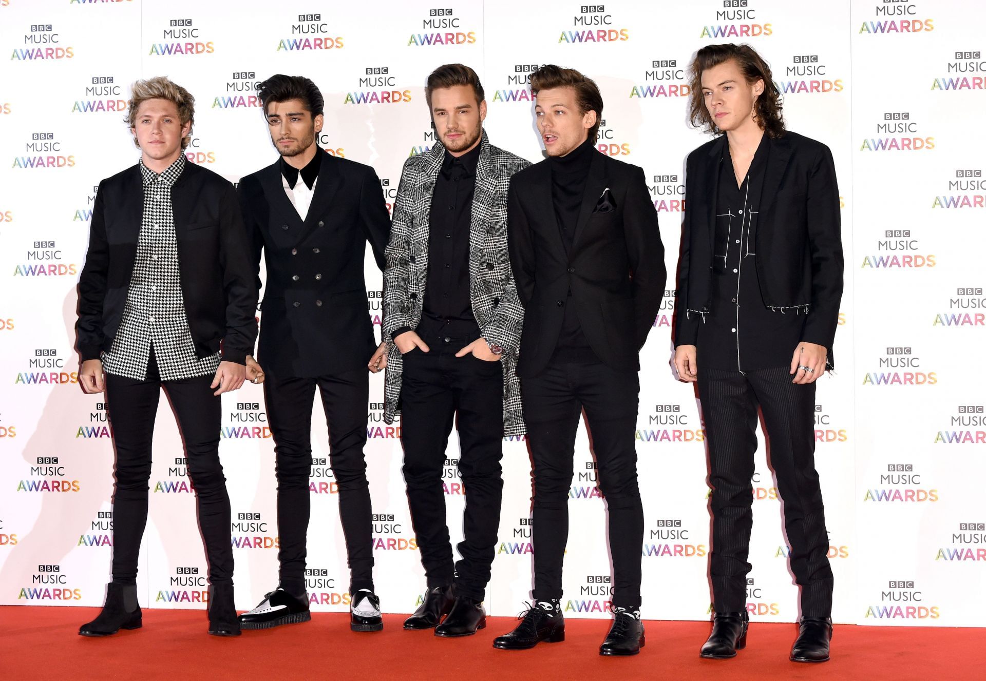 Niall Horan, Zayn Malik, Liam Payne, Louis Tomlinson, and Harry Styles of One Direction attend the BBC Music Awards at Earl&#039;s Court Exhibition Centre on December 11, 2014, in London, England. (Image via Getty)