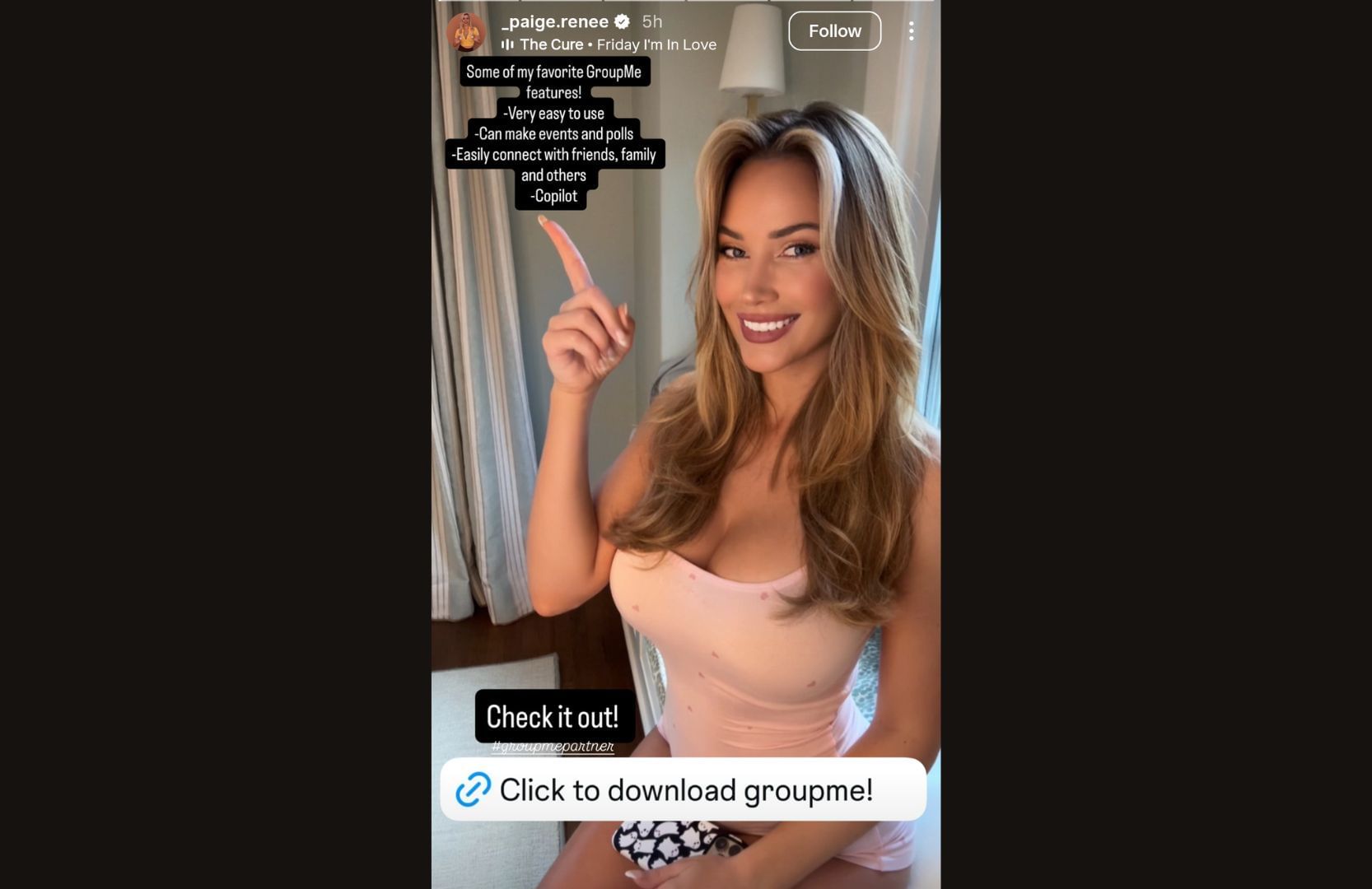 Screenshot of Paige Spiranac&#039;s story listing GroupMe features - Source - @_paige.renee on Instagram