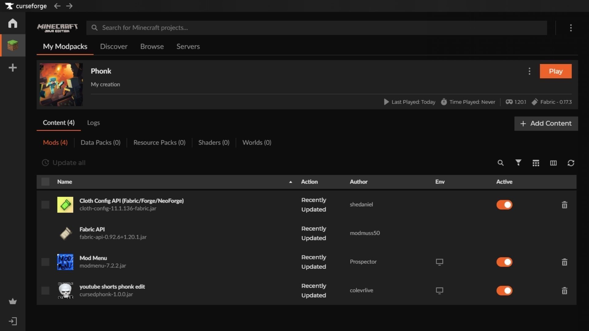 Use the Curseforge launcher to download and install the youtube shorts phonk edit Minecraft mod (Image via Sportskeeda Gaming || Mojang Studios/colevrlive)