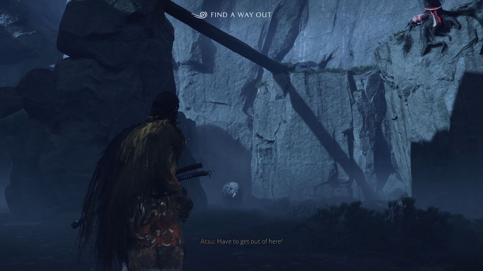 Climb up the grappling point on the top-right corner to escape from the bear or bad kamuy (Image via Sucker Punch)