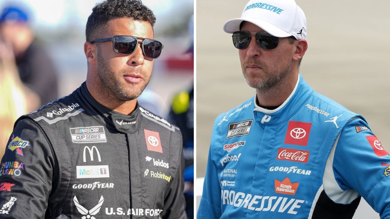 Bubba Wallace shared talk with 23XI Racing co-owner Denny Hamlin eased tensions after Kansas drama. Images via Imagn.
