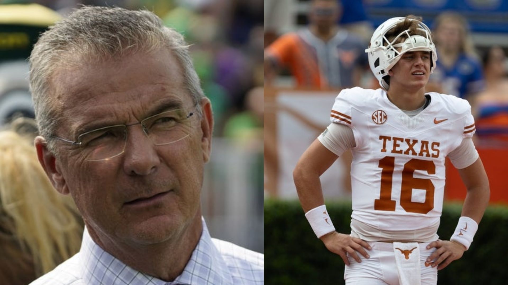 College football analyst and former three-time FBS national champion coach Urban Meyer (lett) and Texas QB Arch Manning (right) (Image Source: IMAGN)